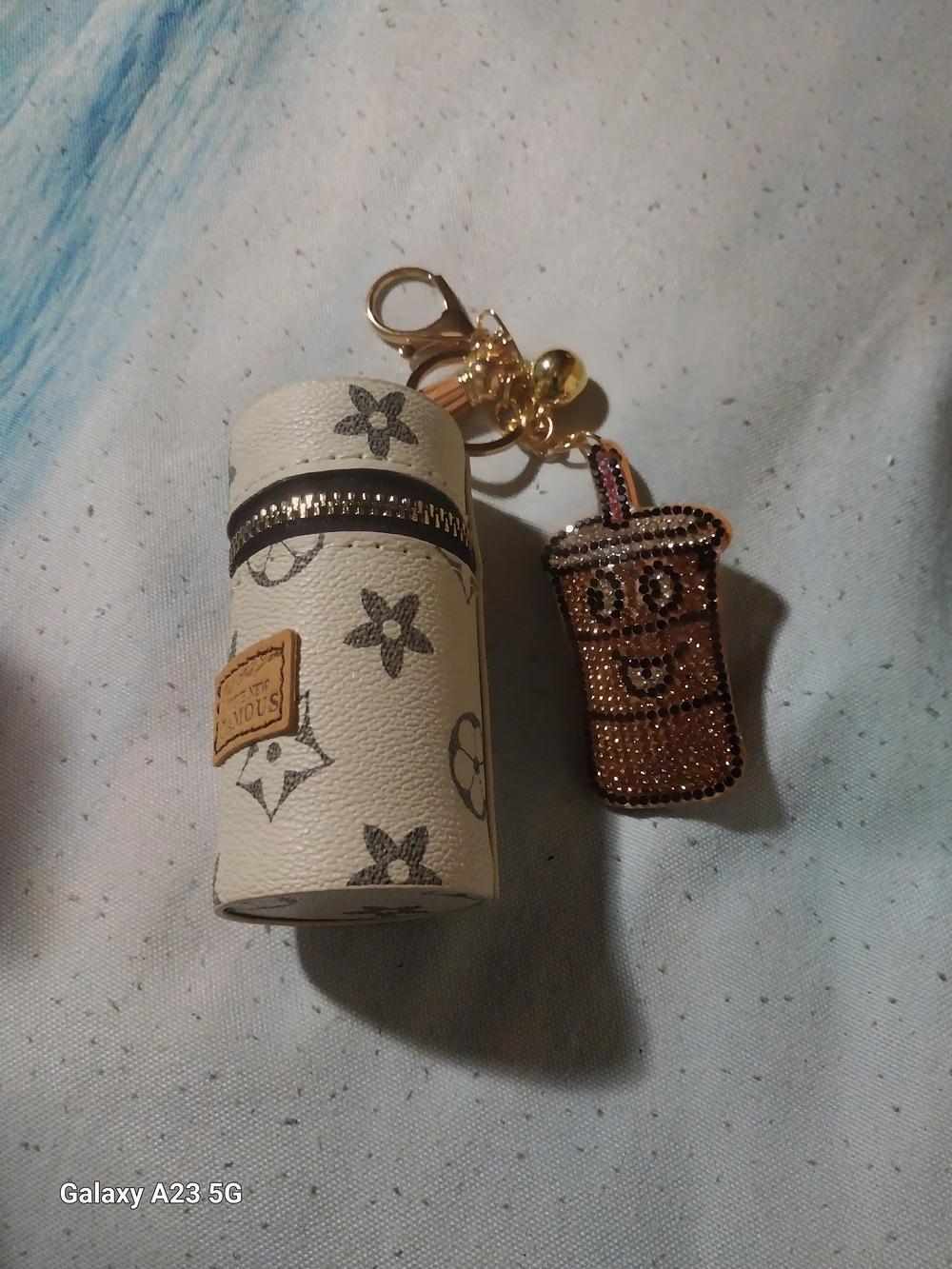 Unbranded Ivory/Brown Monogram Lipstick Case Brown Beaded Coffee Cup Bag Charm